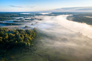 Sabahın erken saatlerinde. Sisli nehir. Nehir vadisi, sabah sisi, gün doğumunda. Yukarıdan bak. Volkhov Nehri, Rusya