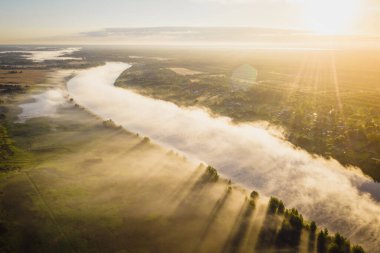 Sabahın erken saatlerinde. Sisli nehir. Nehir vadisi, sabah sisi, gün doğumunda. Yukarıdan bak. Güneş ışınları ağaçların üzerinden sisi delip geçiyor.
