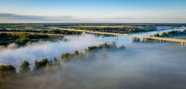 Sabahın erken saatlerinde. Sisli nehir. Nehir vadisi, sabah sisi, gün doğumunda. Yukarıdan bak. Güneş ışınları ağaçların üzerinden sisi delip geçiyor.