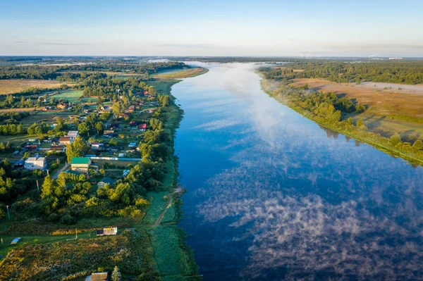 Krásný Letecký Pohled Okrásný Letecký Pohled Volchovskou Řeku Rusku Ranní — Stock fotografie