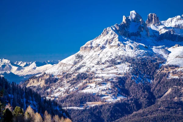 Paisaje Soleado Invierno Estación Esquí Dolomitas Italia Alpe Lusia Estación —  Fotos de Stock