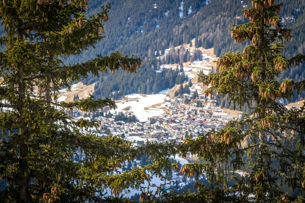 Vista Floresta Coníferas Montanhas Dia Ensolarado Inverno Estância Esqui Val — Fotografia de Stock