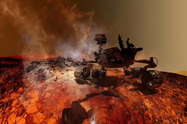 Curiosidad Mars Rover Explorando Superficie Del Planeta Rojo Elementos Esta — Foto de Stock