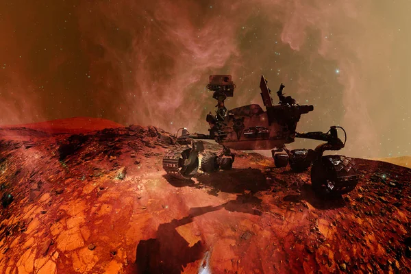 Curiosidad Mars Rover Explorando Superficie Del Planeta Rojo Elementos Esta — Foto de Stock