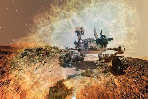 Curiosidad Mars Rover Explorando Planeta Superficie Marte Elementos Esta Imagen — Foto de Stock