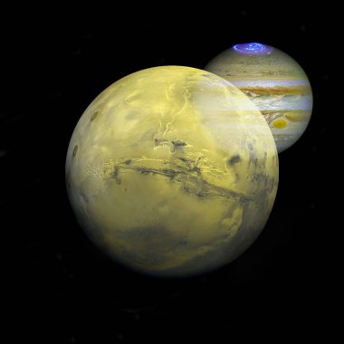Renkli resim Mars, nebulalar ve galaksiler temsil eder.