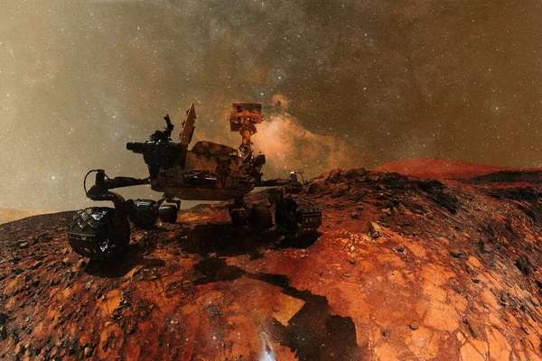 Марсохід Цікавістю Досліджує Поверхню Марса Науково Фантастичний Шпалер Елементи Цього — стокове фото