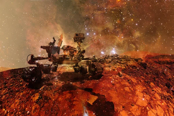 Марсохід Цікавістю Досліджує Поверхню Марса Науково Фантастичний Шпалер Елементи Цього — стокове фото