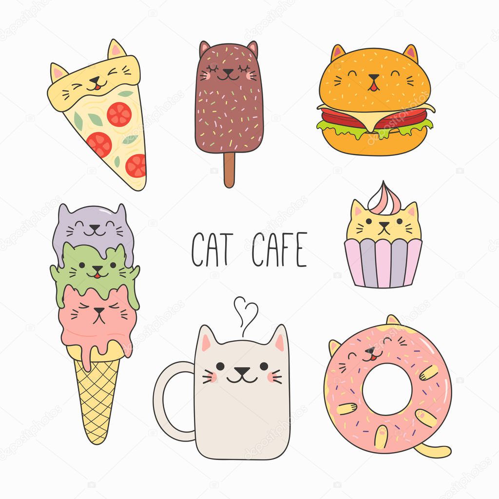Hand drawn vector illustration of kawaii funny food and steaming mug cup with cat ears, Design concept for cat cafe menu