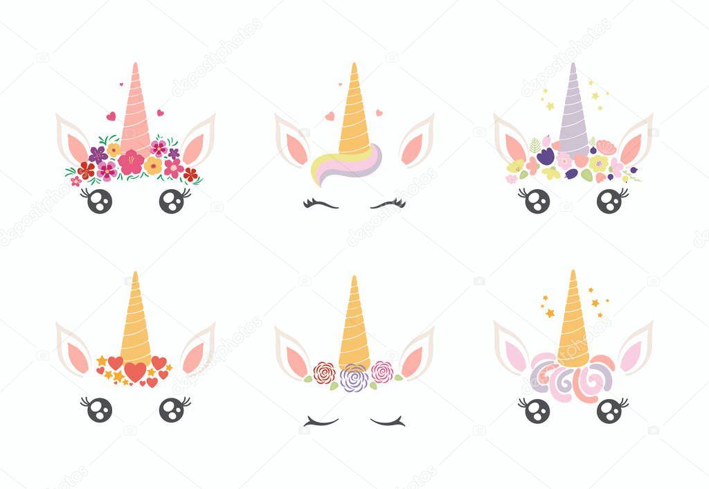Set of cute funny unicorn face cake decorations, Concept for children print, vector, illustration