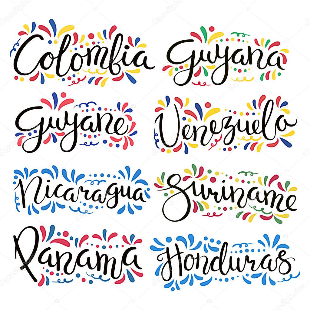 Set of hand written calligraphic lettering quotes with Latin American countries names and decorative ornaments, vector, illustration