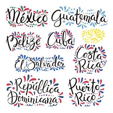 Set of hand written calligraphic lettering quotes with Latin American countries names and decorative ornaments, vector, illustration clipart