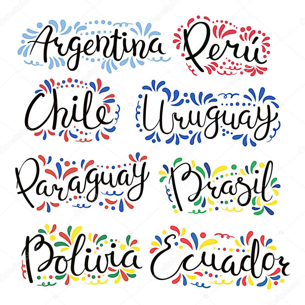 Set of hand written calligraphic lettering quotes with Latin American countries names and decorative ornaments, vector, illustration