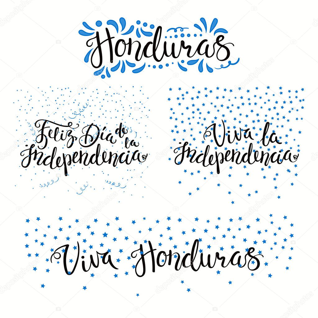 Set of hand written calligraphic Spanish lettering quotes for Honduras Independence Day with stars and confetti in flag colors, vector, illustration