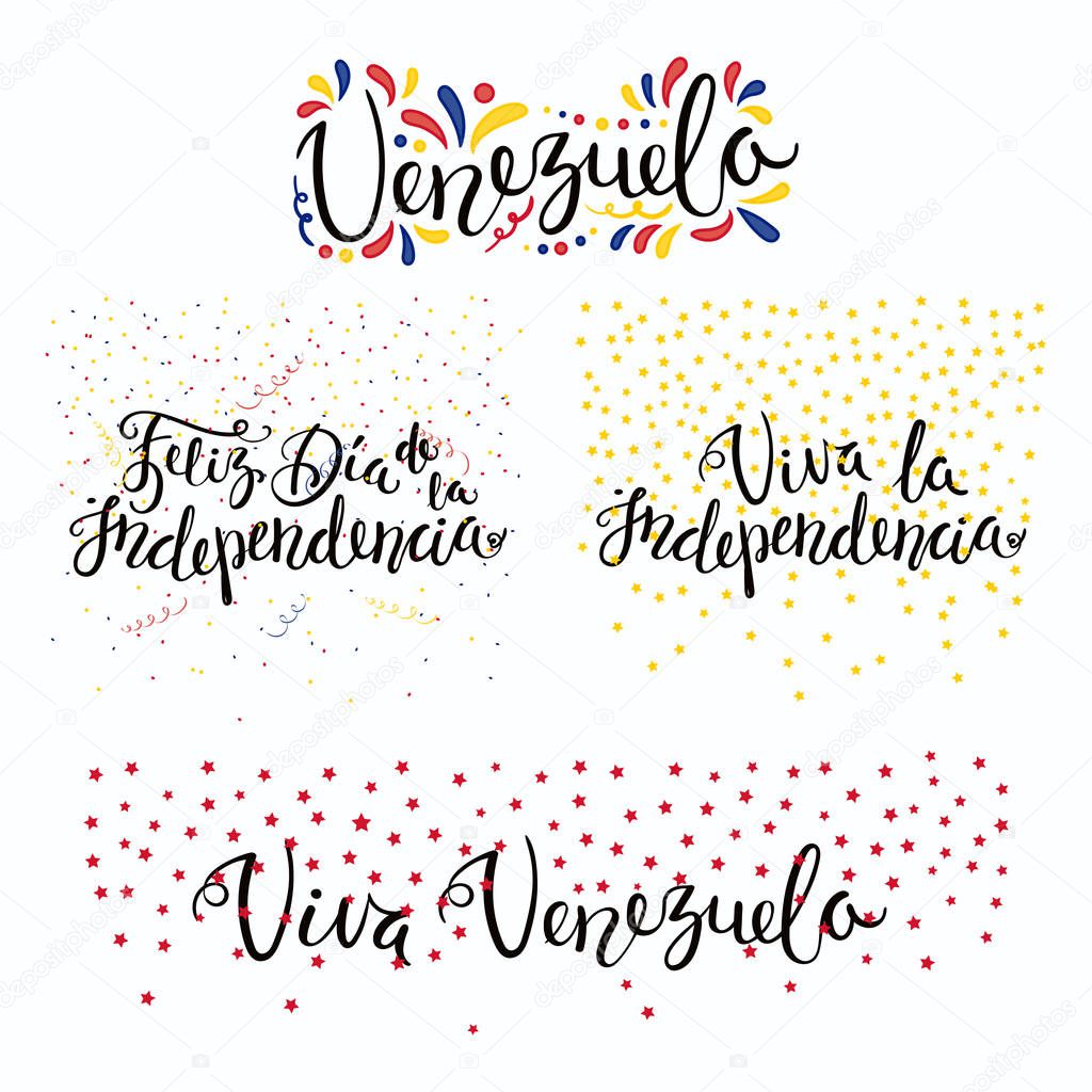 Set of hand written calligraphic Spanish lettering quotes for Venezuela Independence Day with stars and confetti in flag colors, vector, illustration