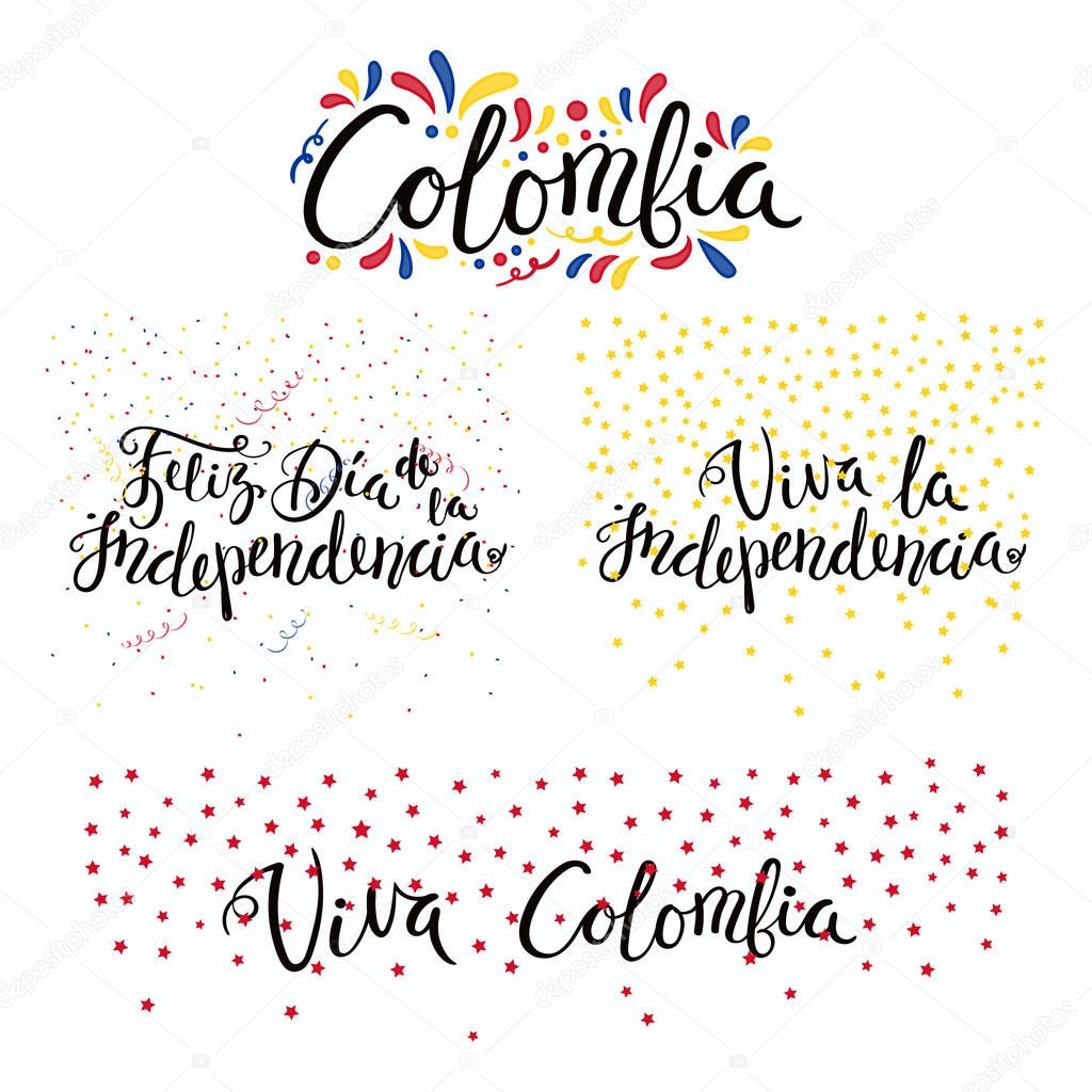 Set of hand written calligraphic Spanish lettering quotes for Colombia Independence Day with stars and confetti in flag colors, vector, illustration