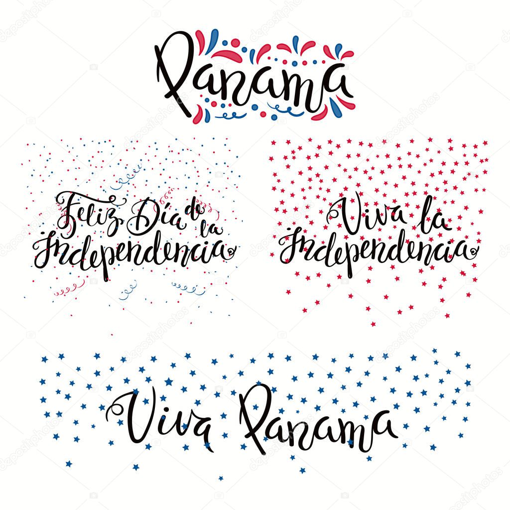 Set of hand written calligraphic Spanish lettering quotes for Panama Independence Day with stars and confetti in flag colors, vector, illustration