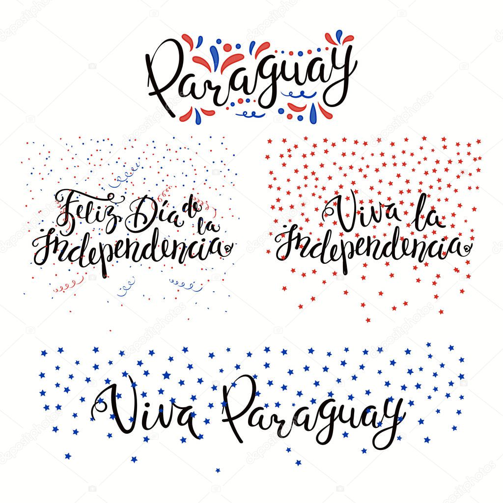 Set of hand written calligraphic Spanish lettering quotes for Paraguay Independence Day with stars and confetti in flag colors, vector, illustration