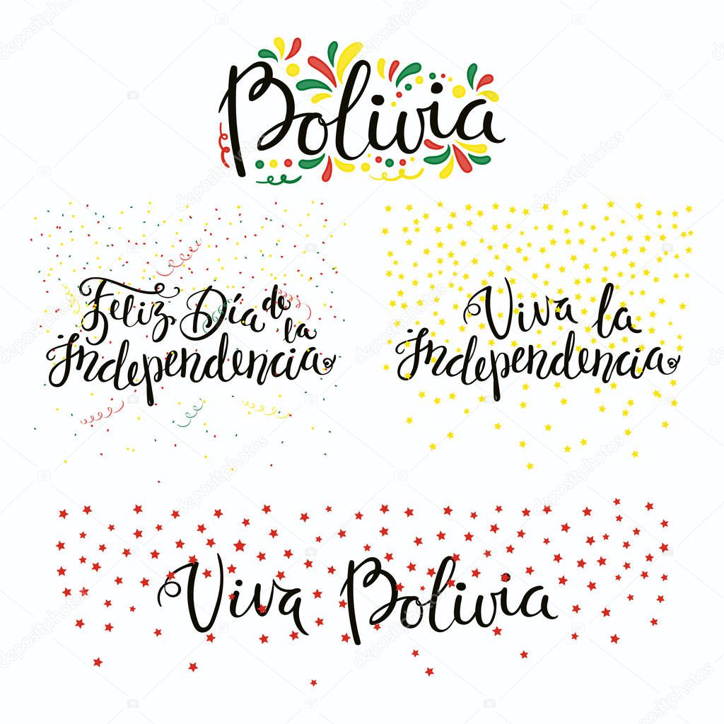 Set of hand written calligraphic Spanish lettering quotes for Bolivia Independence Day with stars and confetti in flag colors, vector, illustration