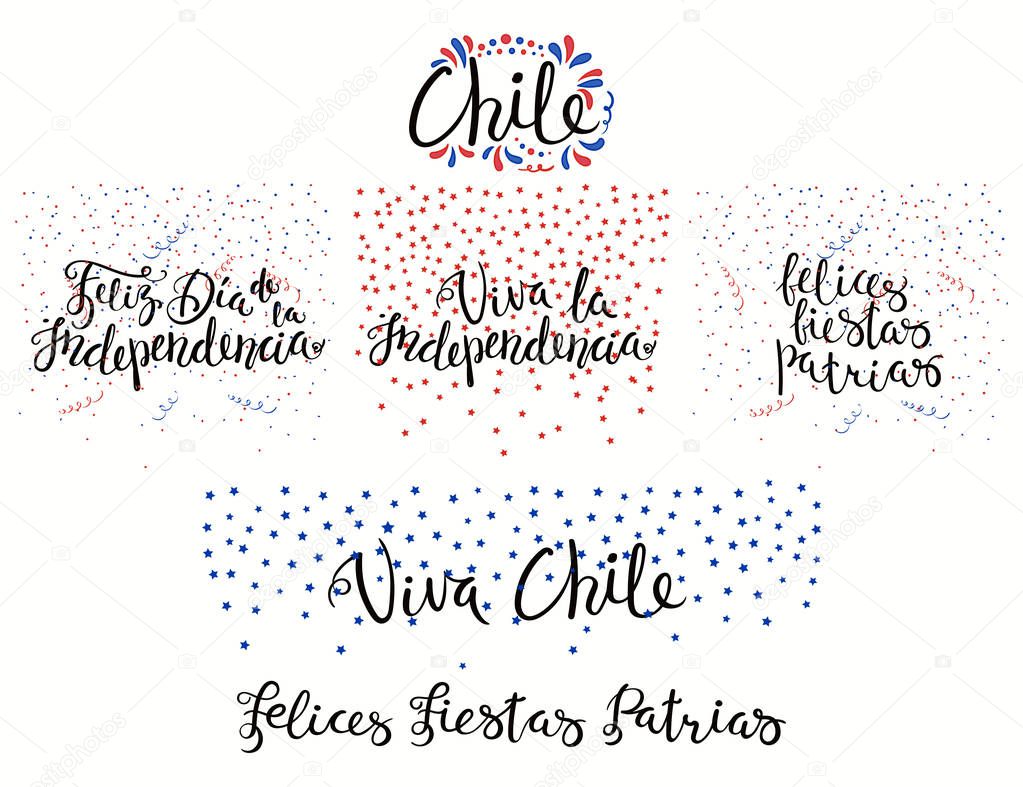 Set of hand written calligraphic Spanish lettering quotes for Chile patriotic holidays with stars and confetti in flag colors, vector, illustration