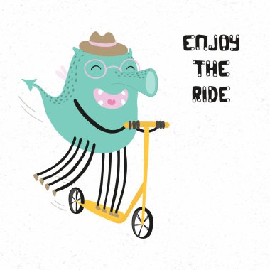 Çizilmiş vektör çizim şapka binme tekme scooter alıntı Enjoy yolculuk ile şirin komik canavar el