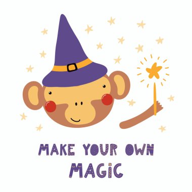 elle cadı şapka holding sihirli değnek alıntı ile sevimli komik maymun İskandinav tarzı çizilmiş yapmak kendi büyü, vektör, illüstrasyon 