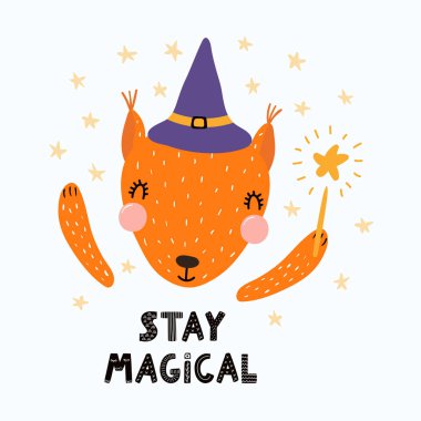 elle cadı şapka holding sihirli değnek yazı alıntı kalış büyülü, vektör, illüstrasyon ile şirin komik sincap İskandinav tarzı çizilmiş   