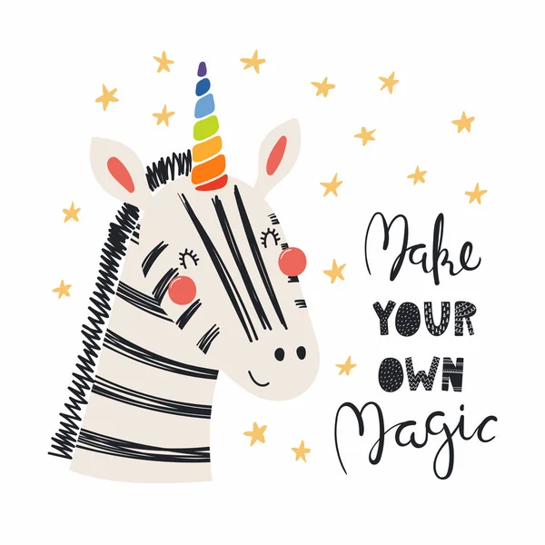 Hand Getrokken Scandinavische Stijl Van Leuke Grappige Zebra Met Unicorn — Stockvector