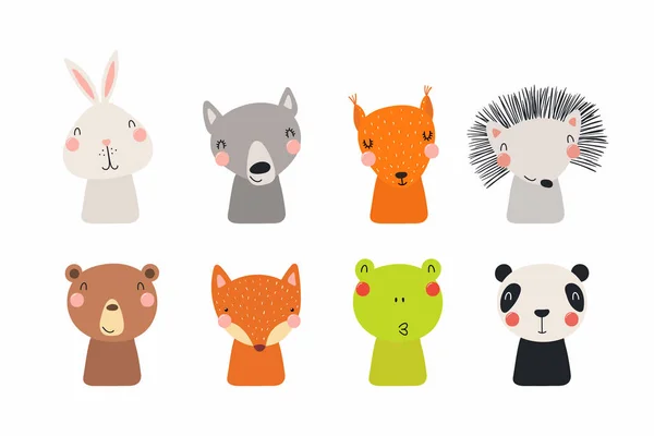 Dessiné Main Dans Style Scandinave Mignons Petits Animaux Drôles Vecteur — Image vectorielle