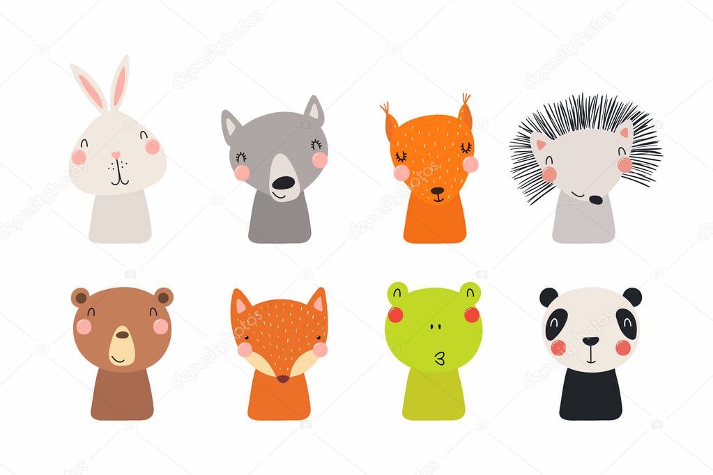 hand drawn in scandinavian style of cute funny little animals, vector, illustration   