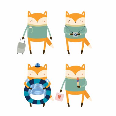 hand drawn in scandinavian style of cute funny foxes on summer holidays, vector, illustration 