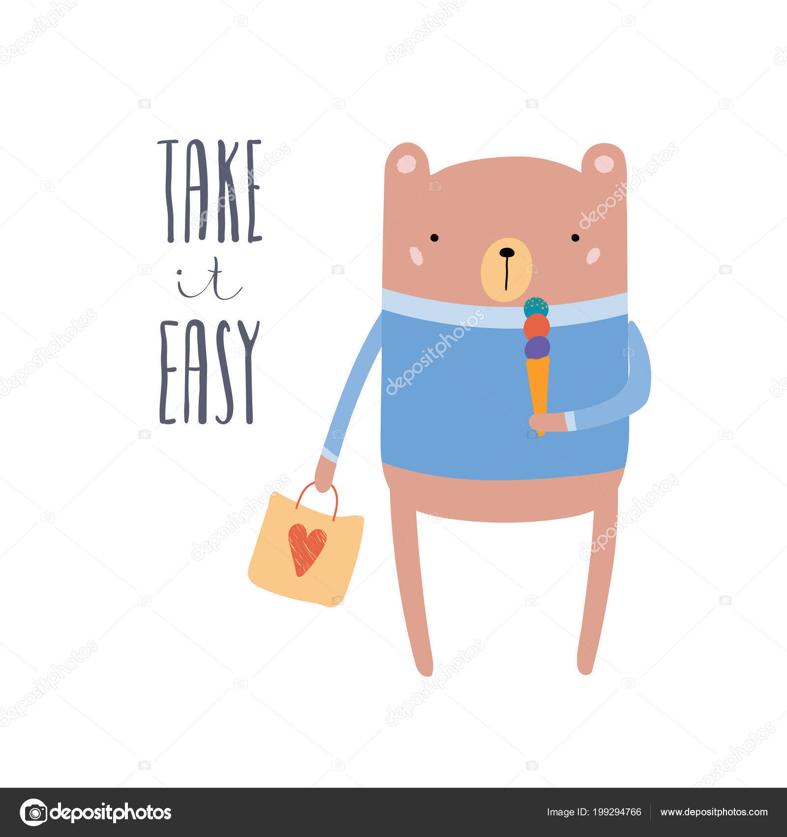 アイス添えかわいい面白いクマと引用をレタリングとショッピング バッグの北欧スタイルで描画の手を取る簡単 ベクトル イラスト 印刷の子供のためのコンセプト ストックベクター C Maria Skrigan