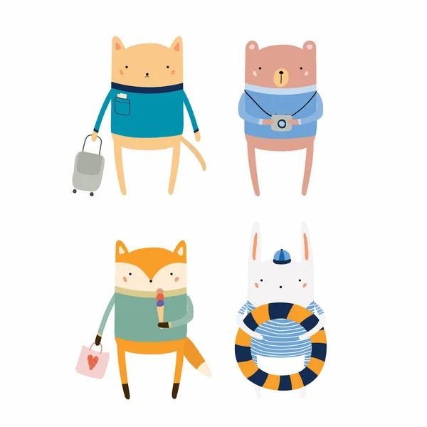 Conjunto Mano Dibujado Estilo Escandinavo Animales Divertidos Lindos Vacaciones Verano — Vector de stock