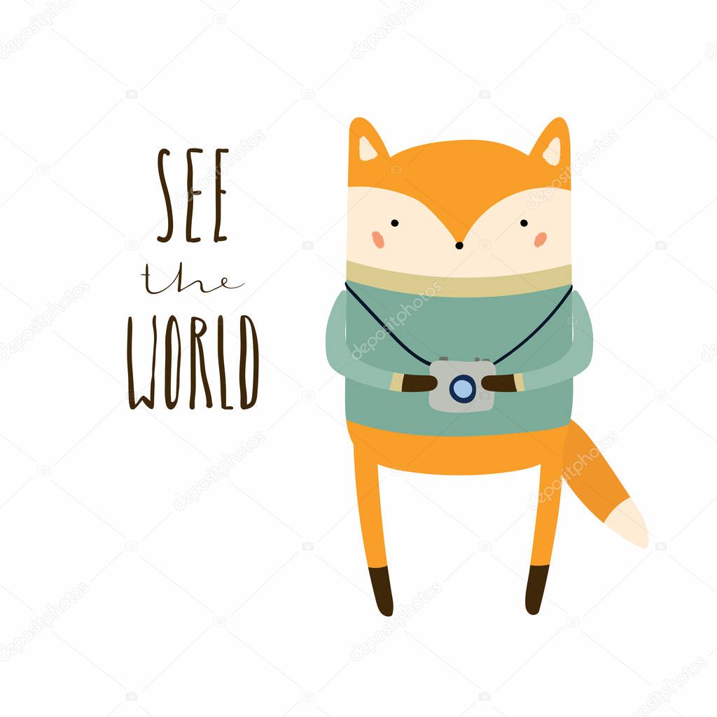hand drawn in scandinavian style of cute funny fox with photo camera and lettering quote See world, vector, illustration, Concept for children print