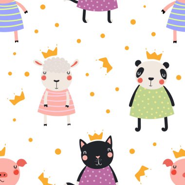 el ile sevimli hayvan prensesler kron, vektör, illüstrasyon, kavramı çocuklar yazdırma için seamless modeli İskandinav tarzında çekilmiş