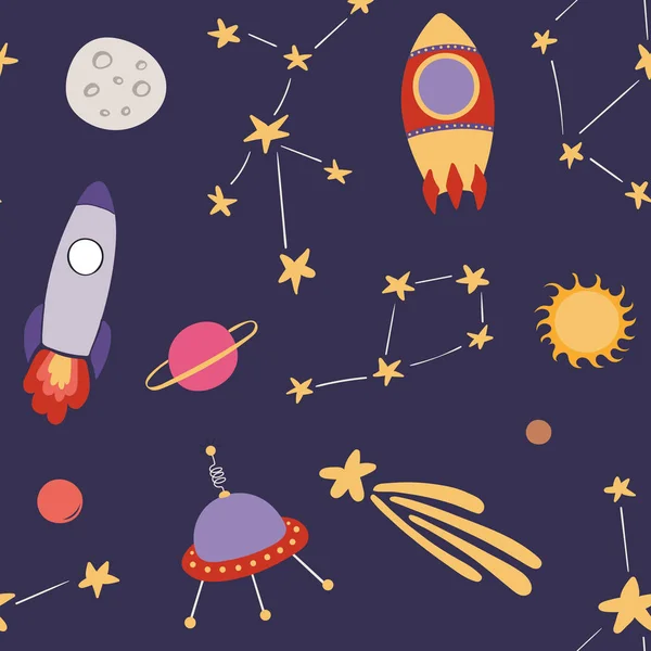 hand drawn seamless pattern in scandinavian style with space elements, vector, illustration