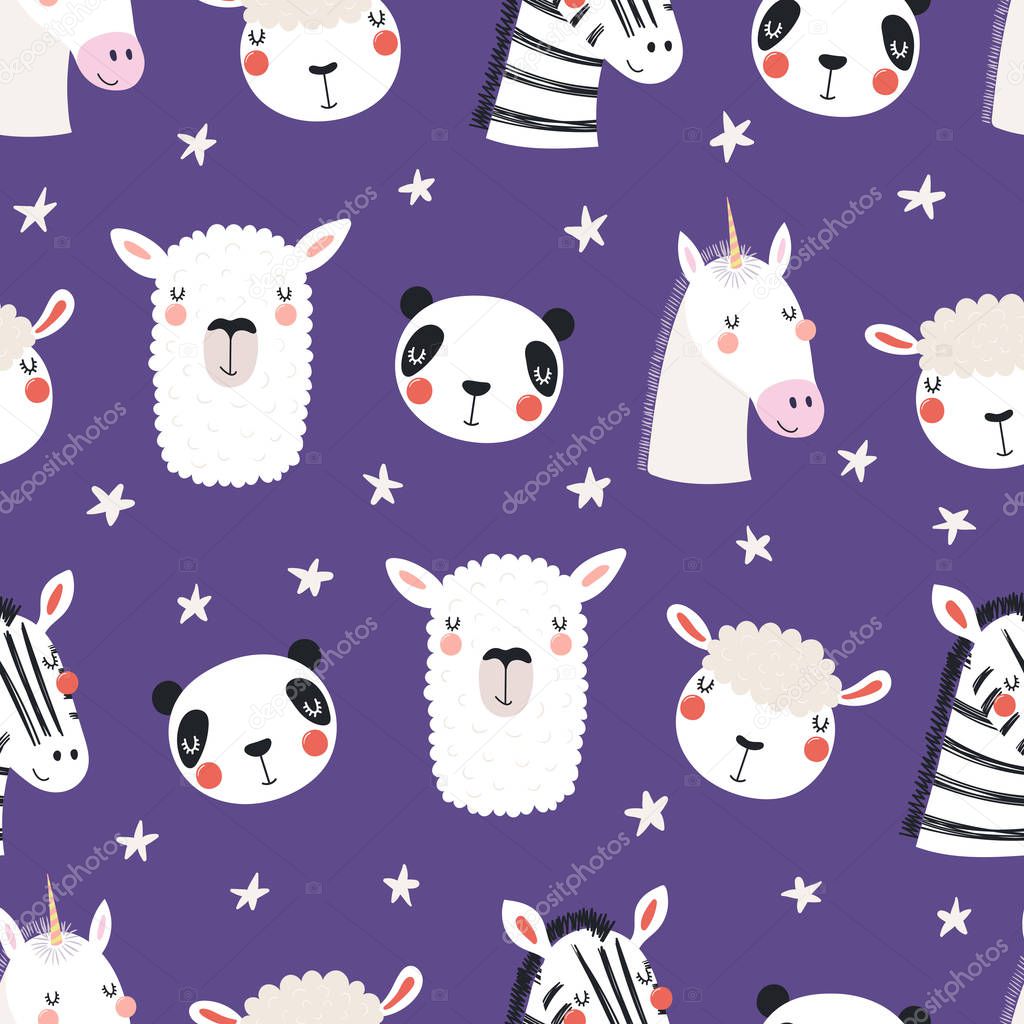 hand drawn in scandinavian style of seamless pattern with cute sleepy animals and stars, vector, illustration, Concept for children print