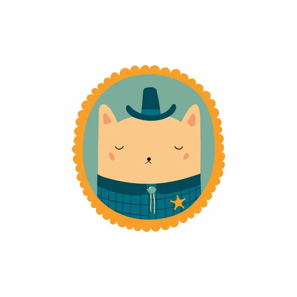 Mano Dibujada Estilo Escandinavo Lindo Retrato Divertido Marco Gato Sheriff — Vector de stock