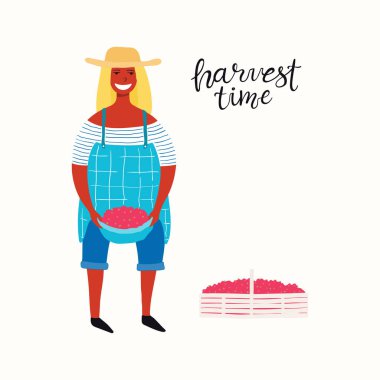 Elle çizilmiş vektör çizim yazı ile şirin komik güzel kadın malzeme çekme kızılcık alıntı hasat zamanı, Bahçe ve sonbaharda hasat için kavramı,