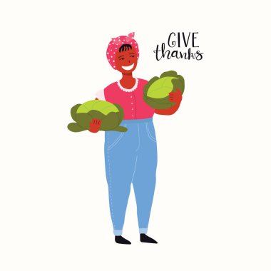 Lahana ile yazı alıntı vermek teşekkür, malzeme çekme şirin komik güzel bir kadın kavramı Bahçe ve sonbaharda hasat için elle çizilmiş vektör çizim