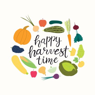 Sebze teklif mutlu hasat zamanı, Bahçe ve sonbaharda hasat için kavram yazı ile yuvarlak çerçeve tasarımı çizilmiş vektör çizim el