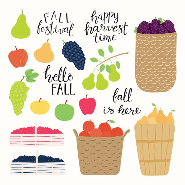 Sonbaharda hasat sepetleri ve yazı teklifler, vektör, illüstrasyon ile meyve ile oluşturulmuş el çekilmiş