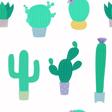 Saksı, vektör, illüstrasyon şirin kaktüsler ile el çekilmiş seamless modeli