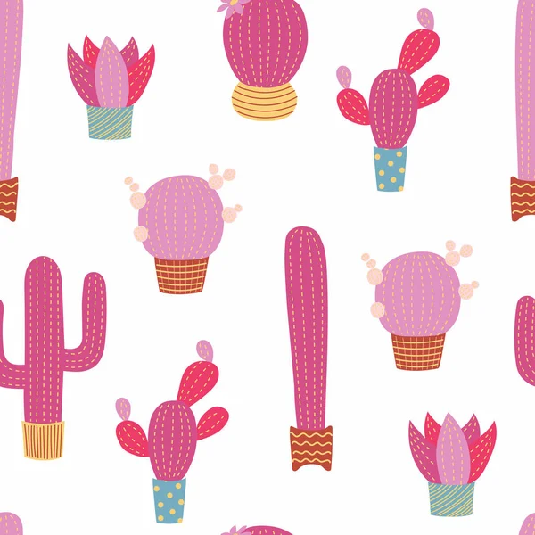 Modello Senza Cuciture Disegnato Mano Con Cactus Carino Vasi Fiori — Vettoriale Stock