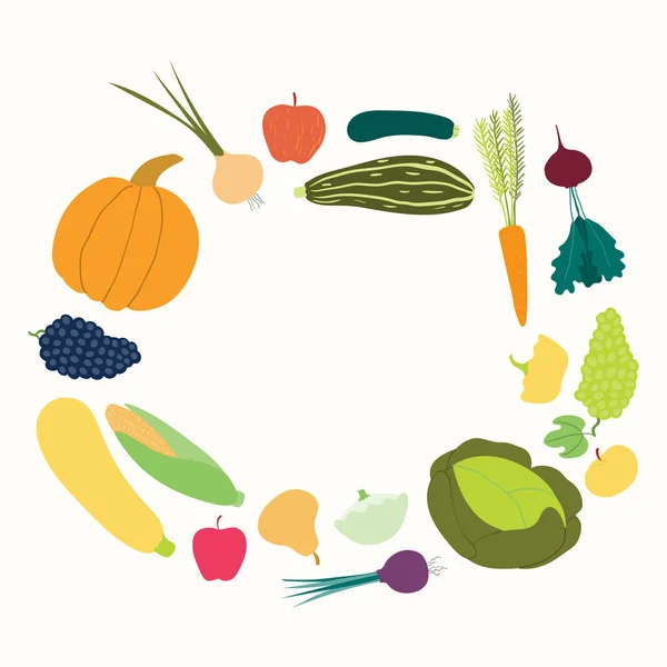 手工绘制的蔬菜在圆形框架设计 园艺概念 秋季收获的矢量插图 — 图库矢量图片