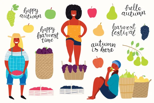 Büyük sonbahar hasat kızılcık ve elma ile armut ve stomping üzüm, vektör, resimde güzel komik kadın ile ayarla