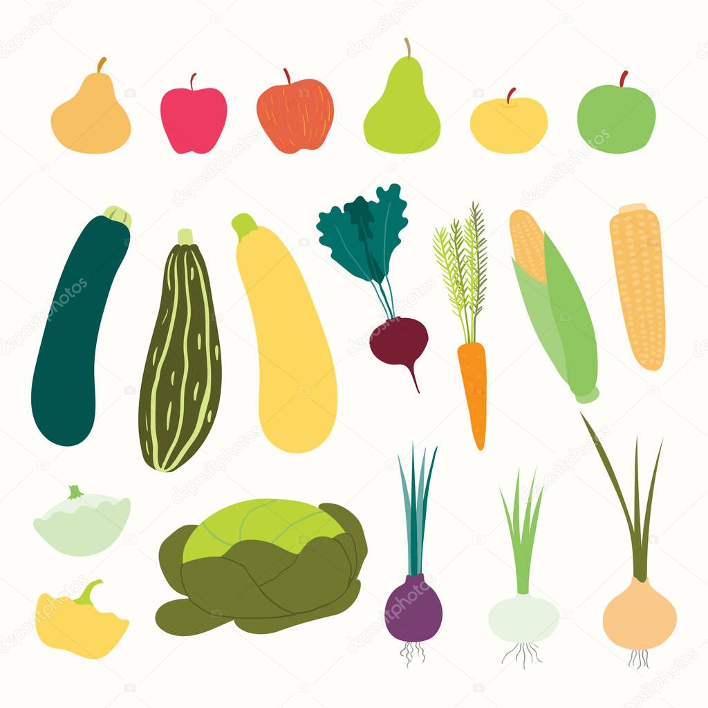 Hand drawn vector illustration of big autumn harvest set with different fruits and vegetables, Concept for autumn harvest 