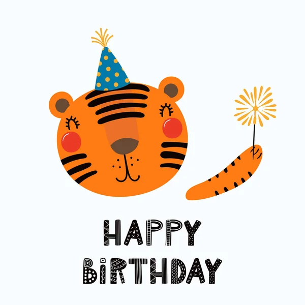 Hand Drawn Scandinavian Style Birthday Card Cute Funny Tiger Party — Stock Vector