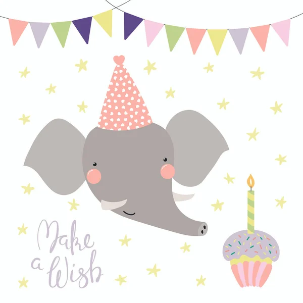 Mano Dibujada Estilo Escandinavo Tarjeta Cumpleaños Con Elefante Divertido Lindo — Vector de stock