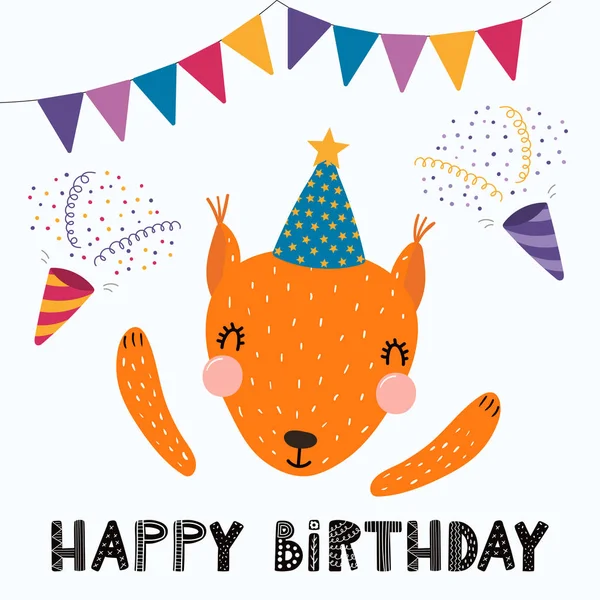 Hand Drawn Scandinavian Style Birthday Card Cute Funny Squirrel Party — Stock Vector